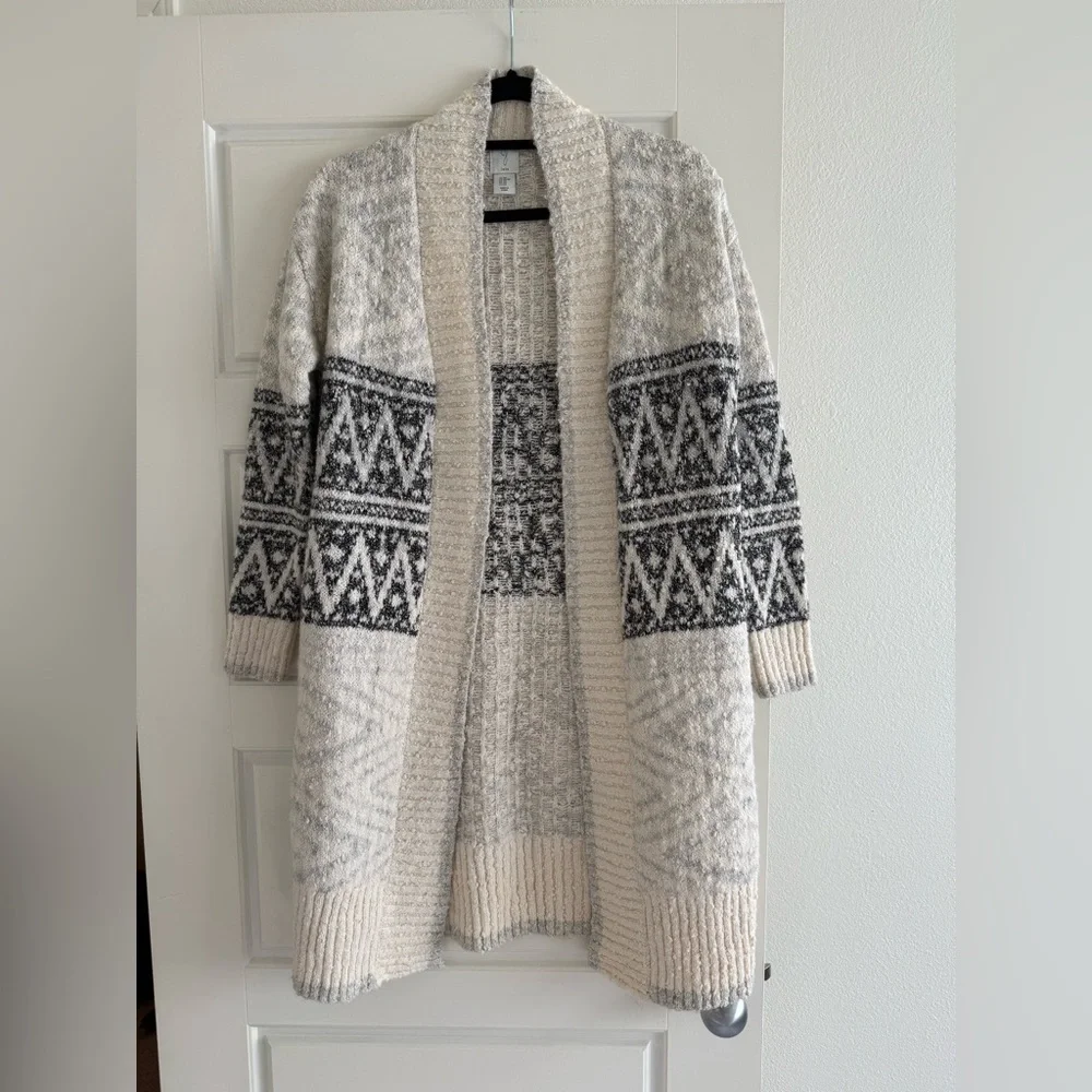 Joie Open Front Longline Nordic Knit Cardigan Cream & Gray Size XS